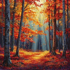 Fototapeta premium Autumn Forest with Sunlight Filtering Through Colorful Leaves
