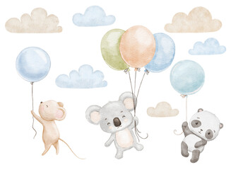 Cute baby panda, koala and mouse are flying with balloons. Watercolor animals in clouds. Hand drawn illustrations set © Elena