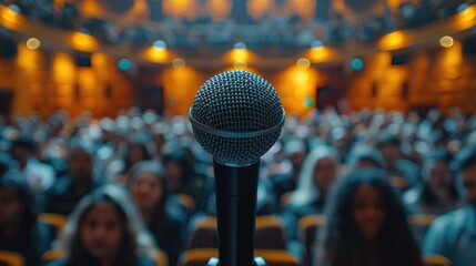 A microphone in sharp focus with the audience blurred in the background, representative of public speaking and the anticipation of delivering a speech at a seminar.
