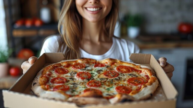 A woman is holding a pizza box containing a freshly baked pizza topped with tomatoes and herbs. Her smiling expression adds a warm and inviting feel to the image.