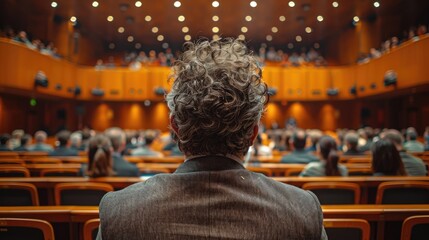 A curly-haired person seen from behind, facing a crowded conference hall, underscoring the themes of participation, attention, and the atmosphere of formal gatherings.