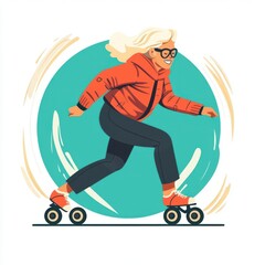 Obraz premium Senior woman roller skating, retro style, flat illustration, vibrant colors, isolated on white background