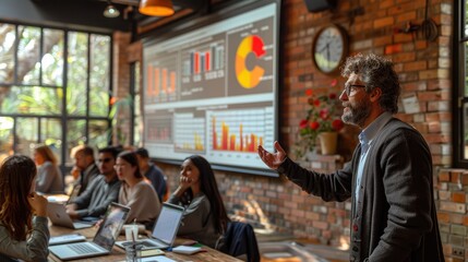 A man gives a presentation to a group, focusing on detailed statistical graphs and charts displayed on a screen in a well-lit modern conference room environment.
