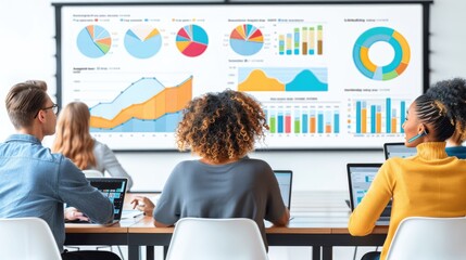Group of people concentrated on analyzing colorful data charts and graphs during a collaborative business meeting session in a bright, modern office setting.