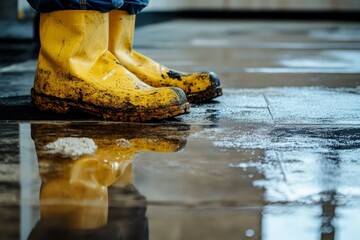 Person in yellow rain boots on a wet sidewalk