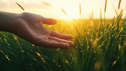 A hand is reaching out to the sun in a field of grass. Concept of peace and tranquility, as the hand reaches out to the sun, which is a symbol of warmth and light