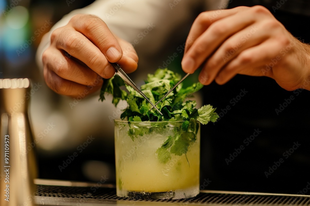 Poster a person mixes a drink using a spoon and adds a garnish.