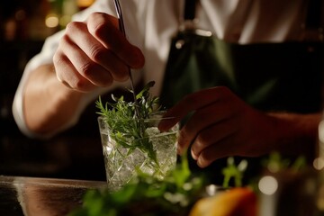 Someone mixes a drink in a glass using a spoon.