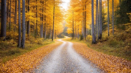 A serene autumn road surrounded by vibrant yellow trees and fallen leaves, inviting a peaceful journey through nature's beauty.
