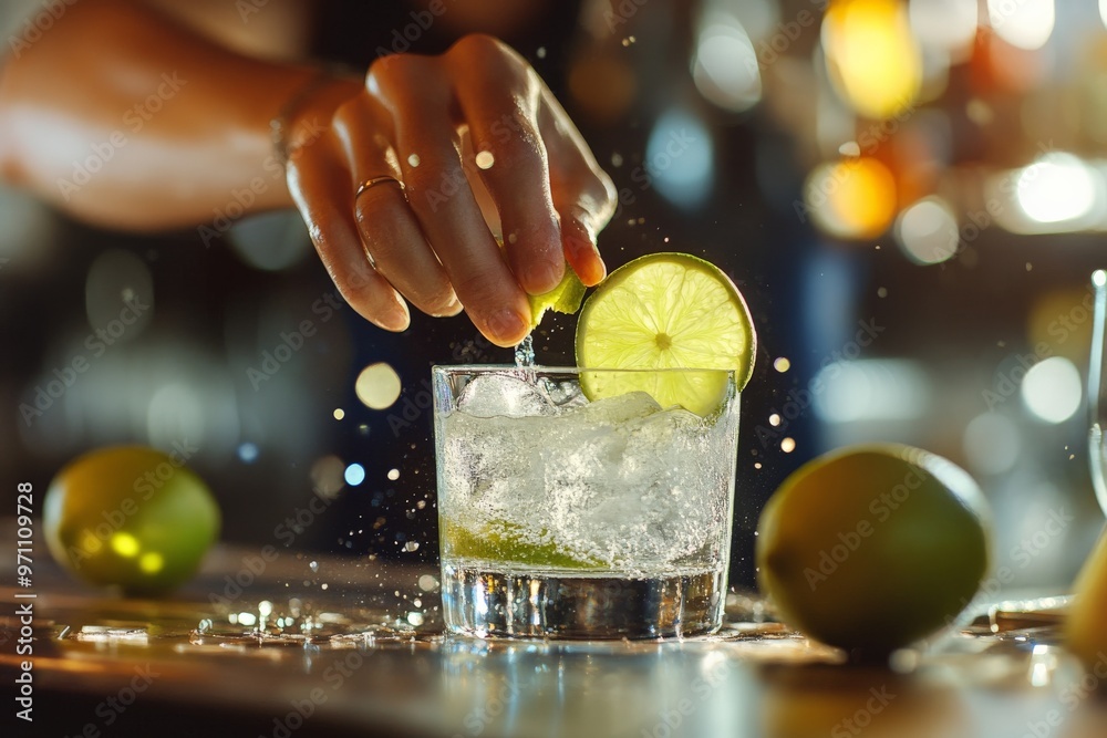 Poster Squeezing lime into water with lime slice.