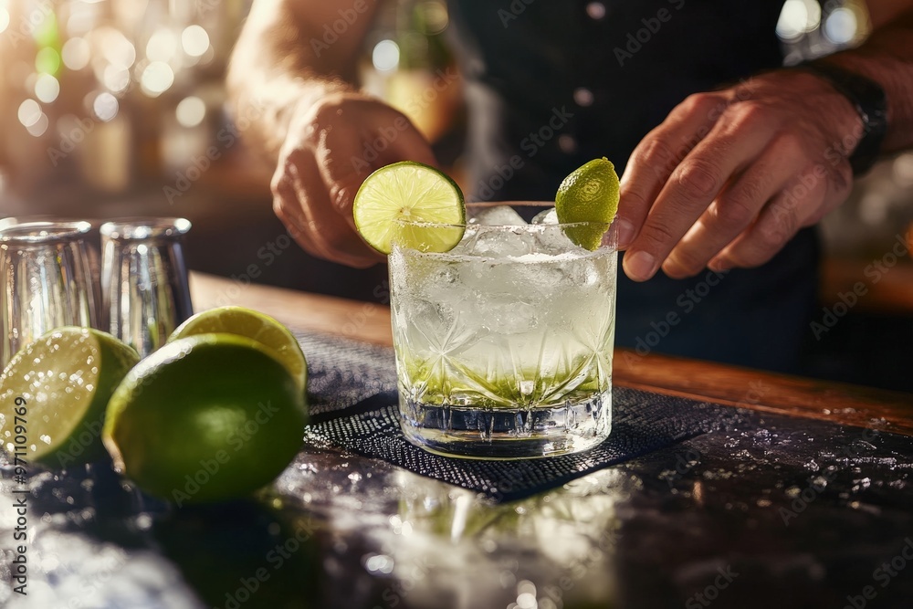 Poster prepping a drink with limes and ice in a glass.