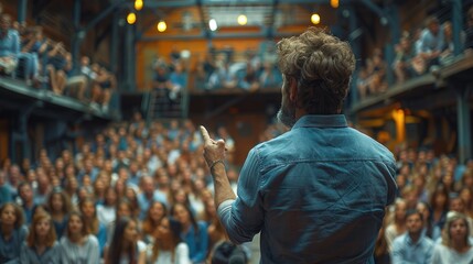 Fototapeta premium A speaker addresses a captivated audience in an industrial-style theater, emphasizing communication, collective engagement, and the power of public speaking in a dynamic environment.
