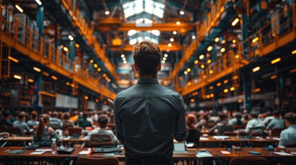 Fototapeta premium A man addresses an audience in an industrial conference setting with dramatic lighting, representing leadership, communication, and the dissemination of innovative ideas.