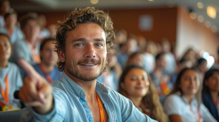 Fototapeta premium A man smiles and points towards the camera in a seminar classroom, with a group of people behind him, all wearing ID badges and engaging in the lecture session.