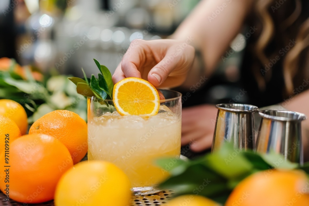 Poster preparing a beverage using oranges and mint.