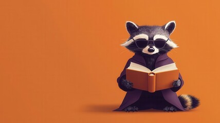 A stylish raccoon wearing sunglasses reading a book against a vibrant orange background, showcasing whimsy and character.