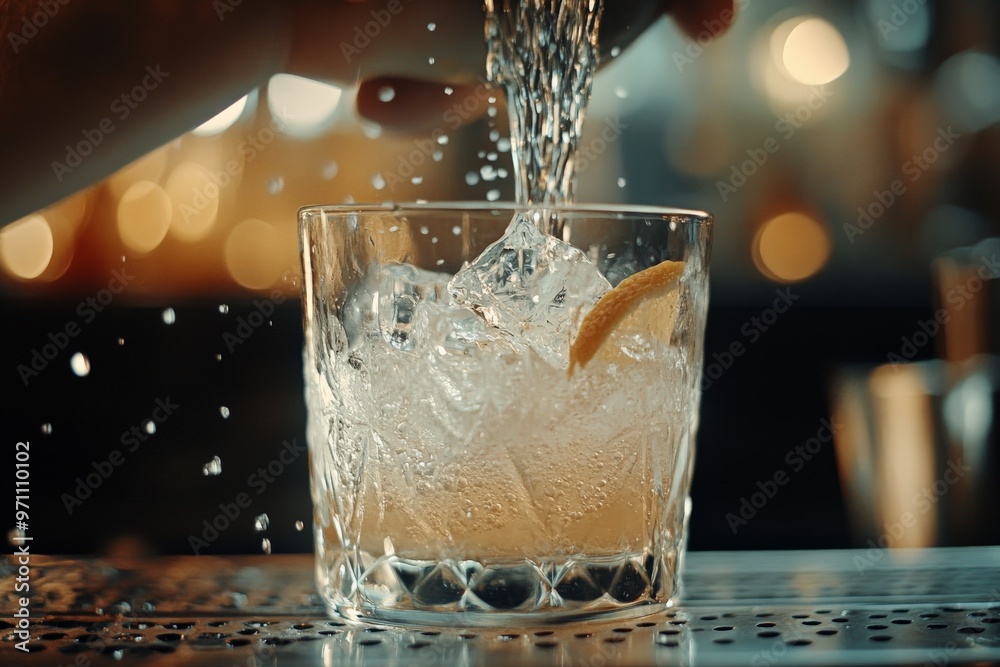 Poster pouring a drink over ice with a lemon wedge.
