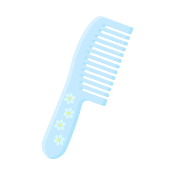recommend clip art: Blue hair comb with a daisy pattern on the handle in a cartoon style on a white isolated background. Hair care. Plastic Comb. Hairdresser's tools
