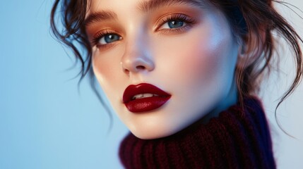 Fototapeta premium Close-up Portrait of a Woman Wearing Vibrant Red Lipstick and a Burgundy Sweater, against a Soft Blue Background, Perfect for Winter Makeup Ad