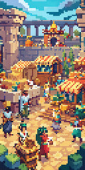 Obraz premium Vibrant Pixel Art Market Scene with Stalls and Medieval Architecture