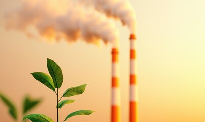 A close-up of a green leaf in front of industrial smokestacks emitting pollution at sunset, symbolizing the clash of nature and industry.