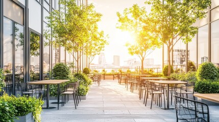 Obraz premium Outdoor plaza with outdoor tables and chairs, landscaping, and trees in a downtown office building