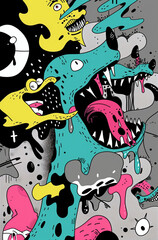 Obraz premium Colorful abstract cartoon creatures in a chaotic, surreal composition