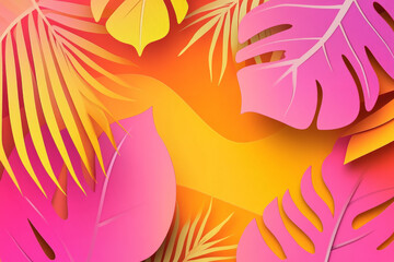A vibrant, tropical background in bright shades of pink, orange, and yellow, with dynamic curved shadows that evoke a sense of energy and warmth.