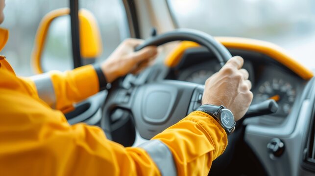 School Bus Driver, Close-up of a bus driver hands gripping the steering wheel, Wearing a bright orange uniform, Dashboard and side mirror in soft focus