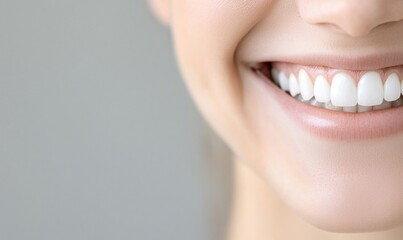 Obraz premium A close-up of a smiling mouth showcasing bright, white teeth and overall happiness. Perfect for dental and health themes.