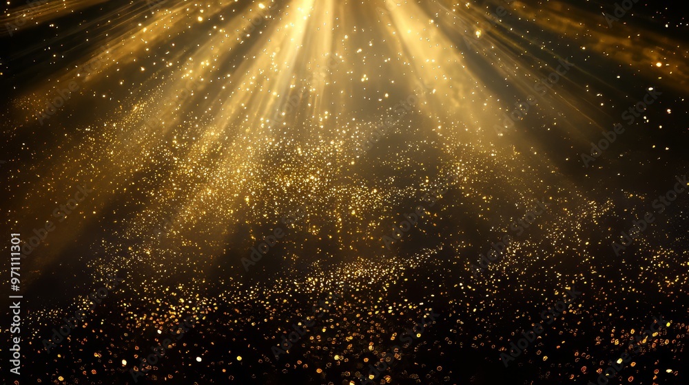 Aufkleber the background is a glossy black with glittering gold particles on the floor and stars in the air. f