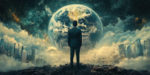 Fototapeta premium A person gazes at a massive Earth suspended in the sky amidst a dystopian cityscape filled with towering skyscrapers. Generative AI