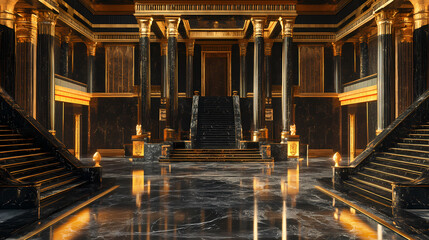 Obraz premium Interior of a royal palace castle of egyptian empire in ancient times background. interior of castle, beautiful royal palace black and gold marble, luxury. generative ai. Roman Empire. Illustration