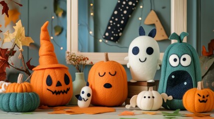 Fototapeta premium Halloween is a non-scary decor for children with soft felt and smiling characters, funny and cute, not creepy.