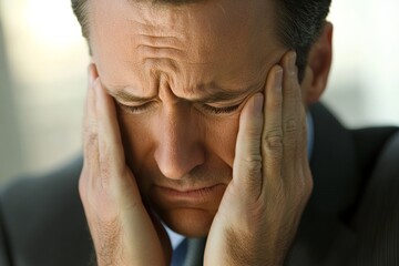 Fototapeta premium A man in formal wear holding his head with both hands