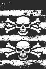 Crossbones skull pattern with distressed stripes, grunge black and white art