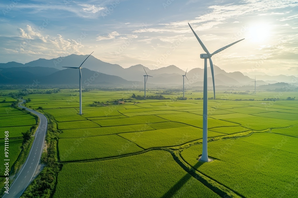 Poster an industrial landscape with windmills and turbines generating electricity on rice fields in phan ra