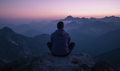 Obraz premium A man is sitting on a mountain top, looking out at the beautiful sunset. Concept of peace and tranquility, as the man takes a moment to appreciate the natural beauty around him