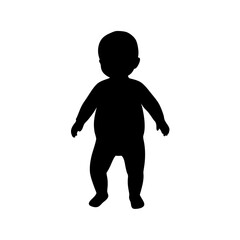 A baby is standing in the middle of a white background