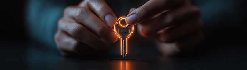 A close-up of a person holding a glowing key in dim light, symbolizing access, security, and opportunity in a futuristic setting.