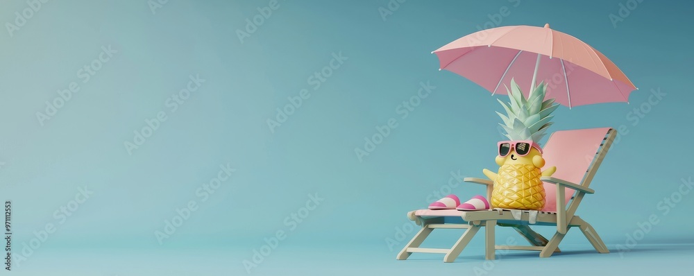Aufkleber in this 3d render, a pineapple is resting on the beach while drinking a cocktail and wearing sunglas