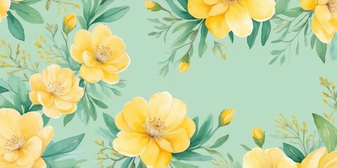 Obraz premium pretty yellow theme flowers on pastel green background, concept for banner, watercolor style
