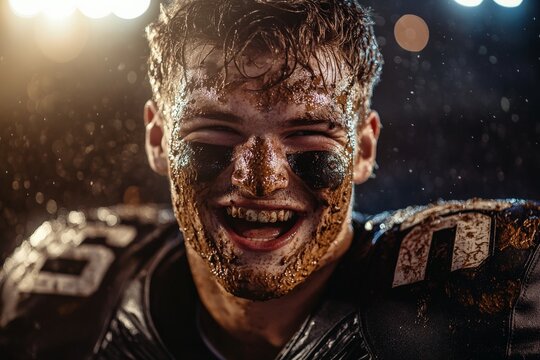 Football player with mud on face and body.