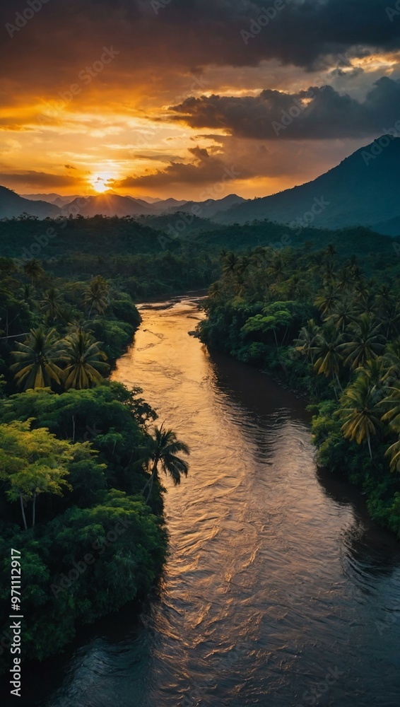 Wall mural Tropical sunset with mountains and a river.