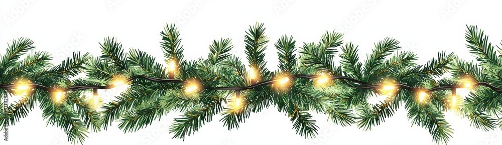 Poster the seamless decorative border of a christmas tree with light garland and coniferous branches is iso
