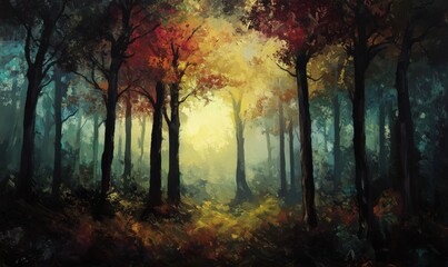 Naklejka premium A painting of a forest with trees in various shades of green and brown. The painting has a moody and serene atmosphere, with the trees appearing to be in a state of transition from summer to fall