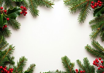 Framery of natural green Christmas tree branches with red hawthorn berries, blank copyspace isolated on a white background
