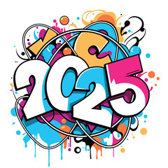 Composition with the inscription 2025 surrounded by various colored spray paint spots. Design in bright colors in graffiti style on a white background. Design for celebrating New Year 2025. Vector