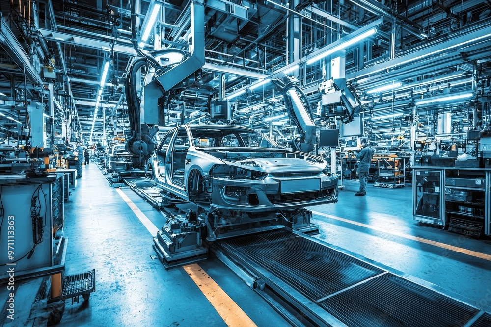Poster modern industrial factory with high-tech machinery, robotic automation, mechanical assembly, and aut