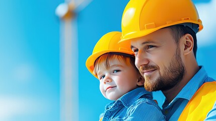 A joyful construction worker holding a child, both wearing yellow helmets. A bright blue sky serves as the backdrop.